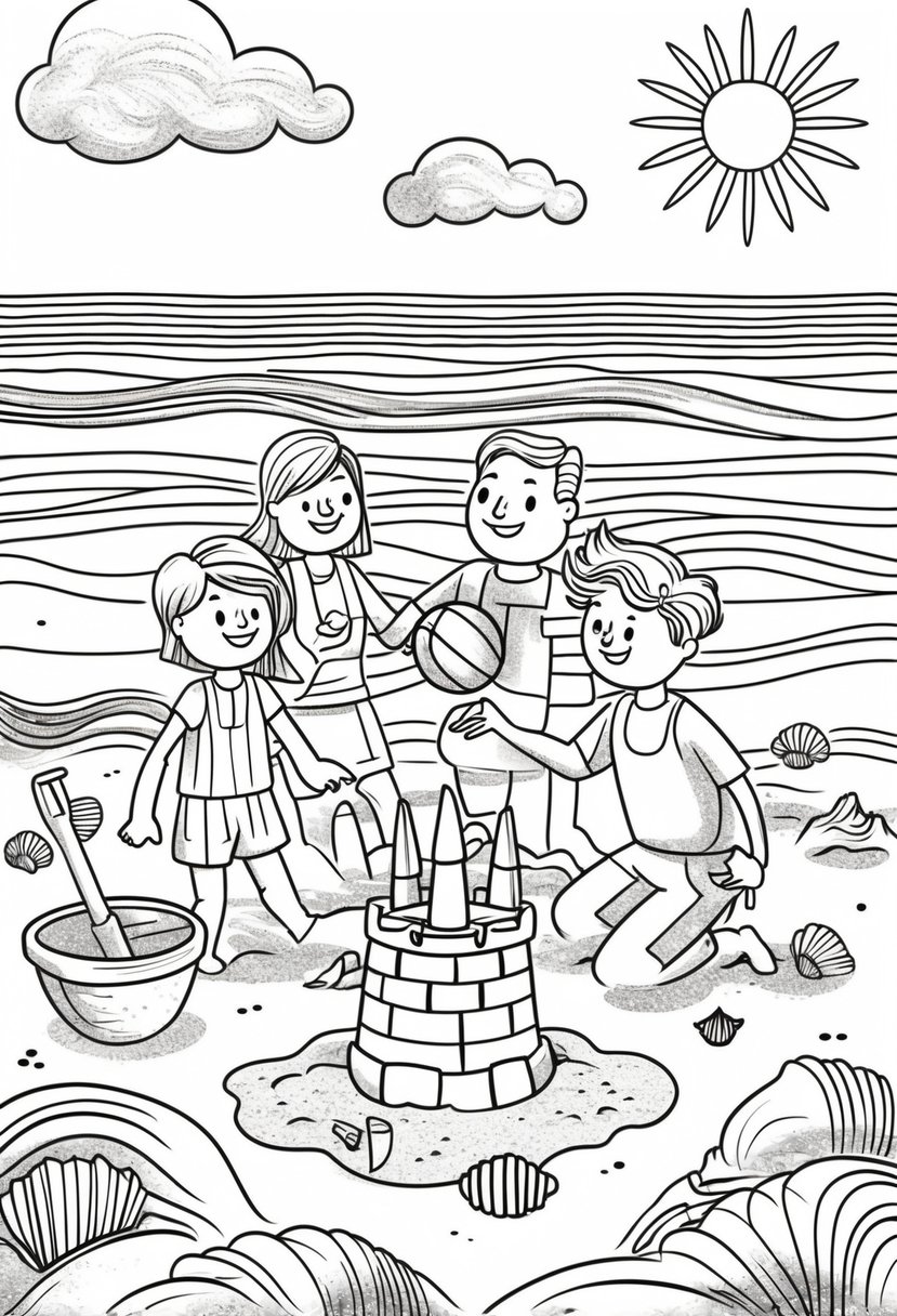 Family Coloring Pages 16 Fun and Creative Designs for All Ages 25 A family of four playing together on a sandy beach with a sandcastle, beach ball, seashells, and ocean waves in the background.